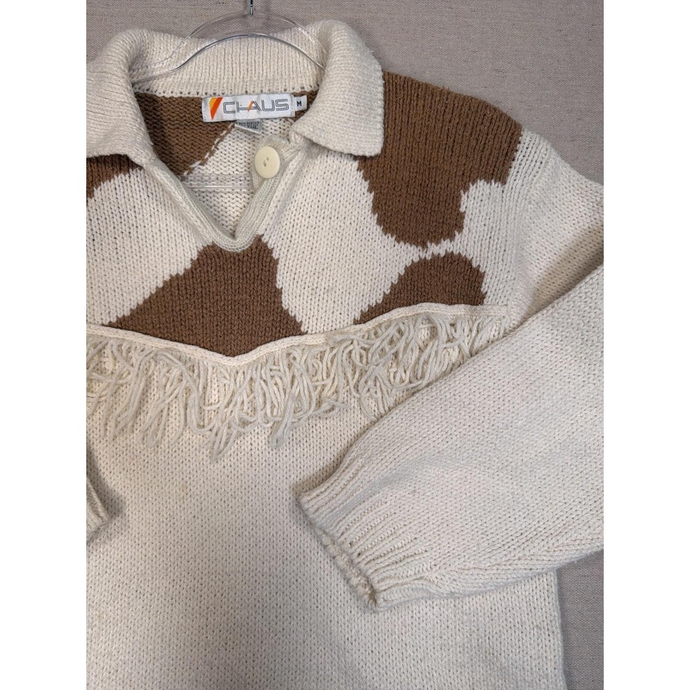 Vintage Chaus Cow Print Fringe Western Knit Sweater Brown Cream Medium